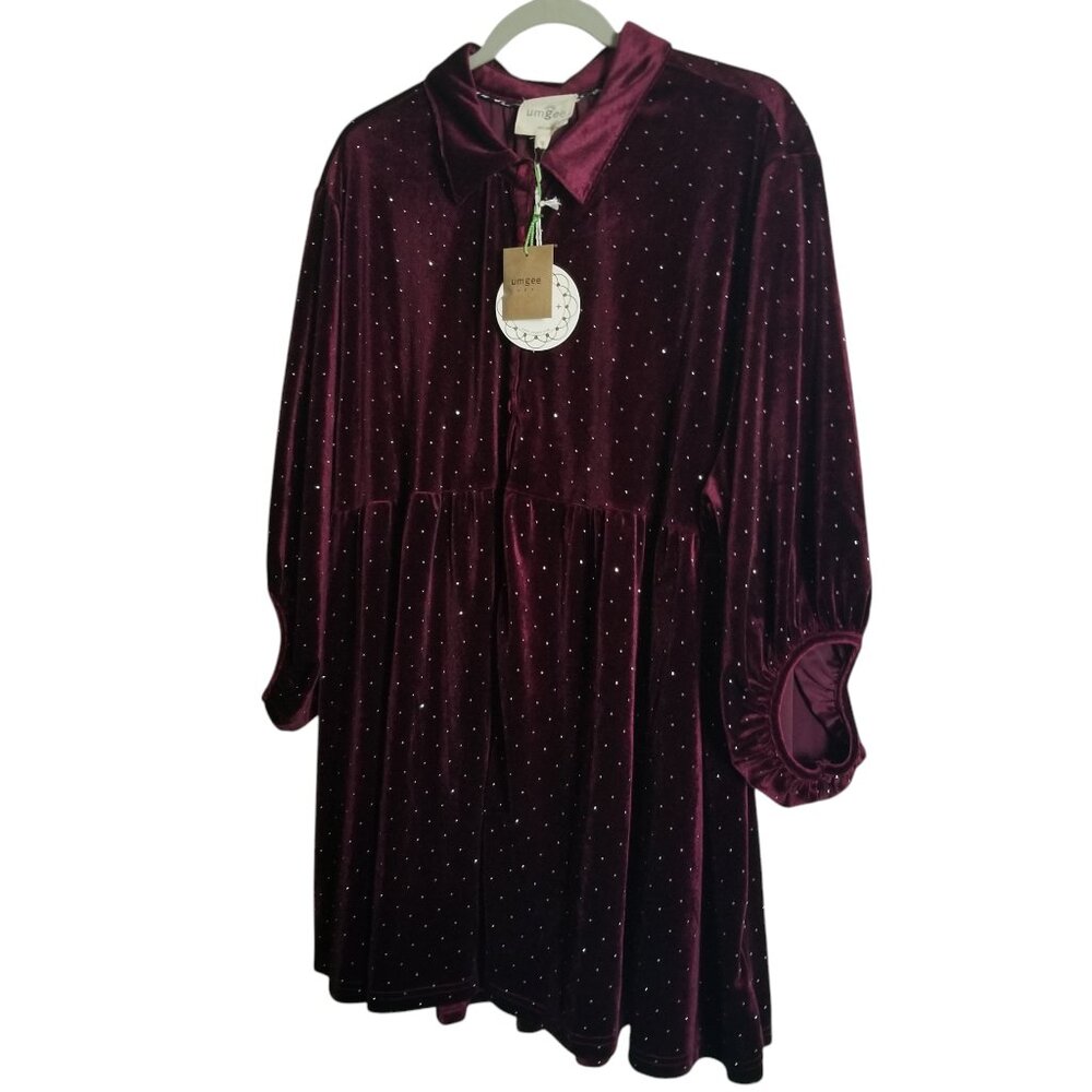 NWT Umgee Women's Burgundy Velvet Rhinestone Embellished Collared Tunic Sz 1X